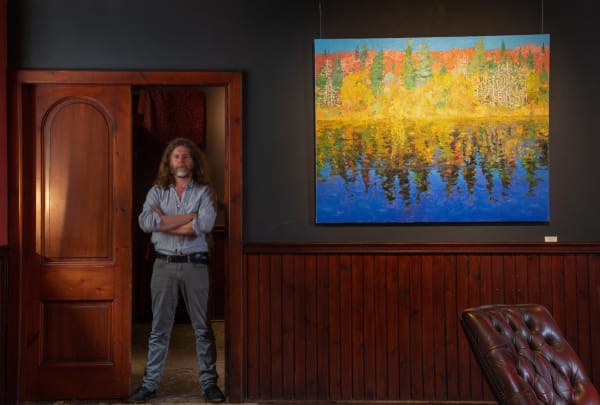Tony at the main door with Allan MacDonald's 'The Living and the Dead.' Kilmorack Gallery 2021