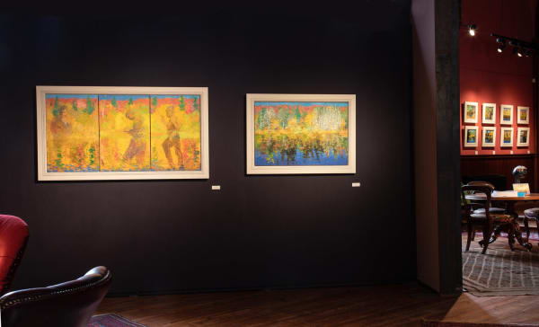 Triptych based on Tom Thomson, Dead Trees and smaller paintings, all by Allan MacDonald. Kilmorack Gallery September 2021
