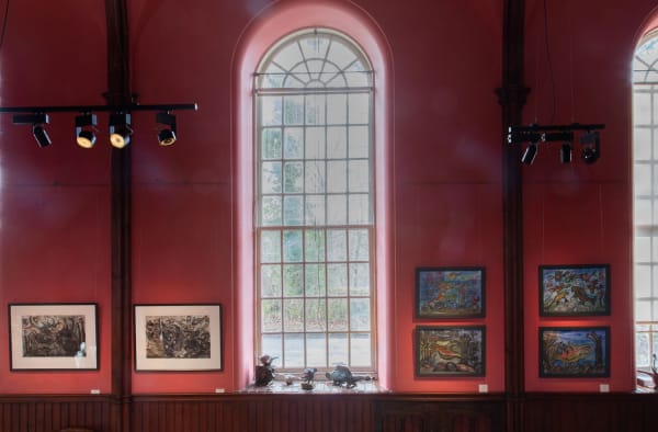 Kilmorack Gallery, roadside windows wiht Lotte Glob etchings and paintings