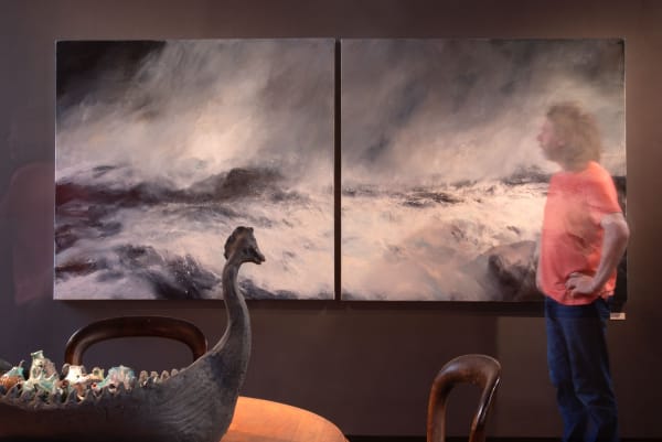 Large Janette Kerr diptych, with Lotte Glob's ark and Tony in an orange tshirt. May2023