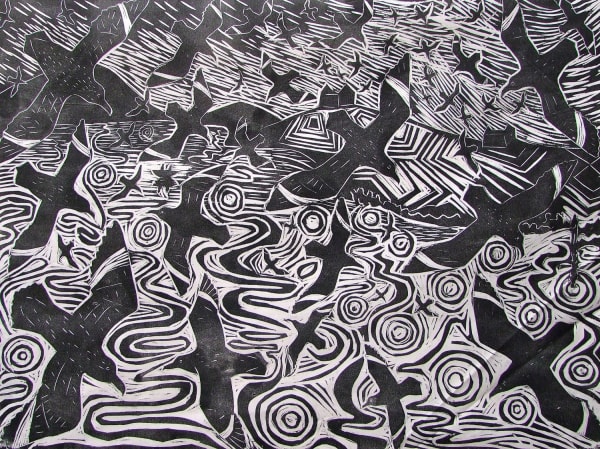 Paul Bloomer Bonxies over the Loch of Cliff, 2014 woodcut on canvas 89cm x 120cm