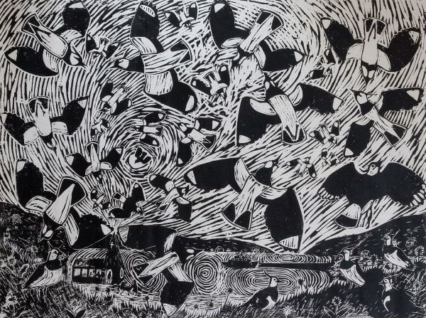Paul Bloomer Flight, the birth of Hanna, 1998 woodcut on canvas 90cm x 122cm