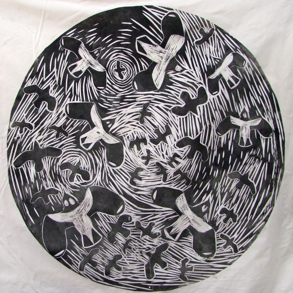Paul Bloomer Flight - the birth of Hanna woodcut