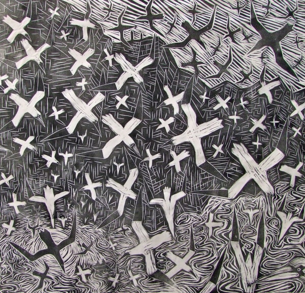 Paul Bloomer Gannets at Noss, 2011 woodcut 95cm x 64cm