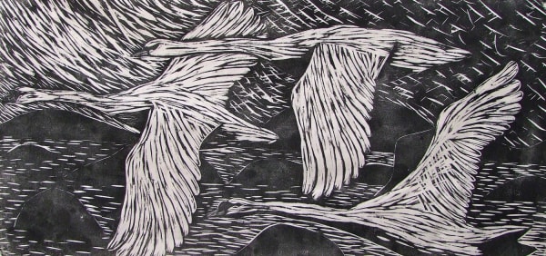Paul Bloomer Swans at Clousta, 2001 woodcut on canvas 74cm x 155cm