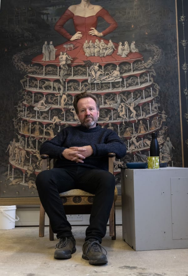 Alan Macdonald in his Edinburgh Studio, with 'Inferna' behind him.