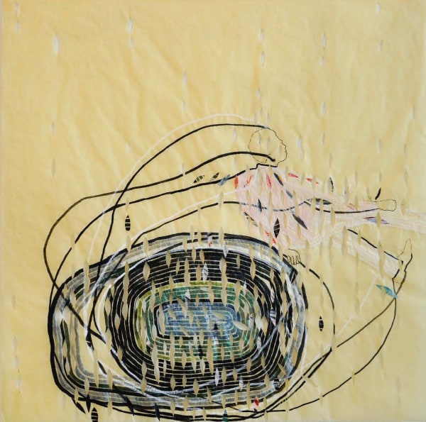 I saw a man falling he was flying he was fleeing he was feeling for the very first time 2020 Thread, ink, graphite, collage on tracing paper 61 x 61 cm