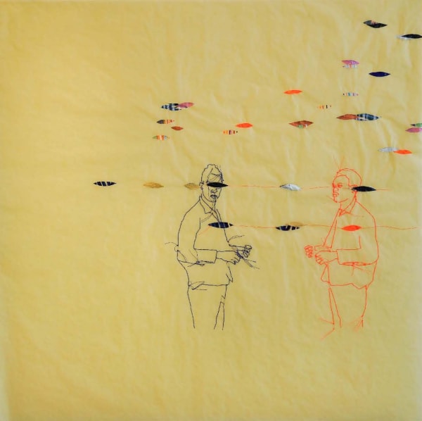 Me as him, imagined sunset 2020 Thread, ink, graphite, collage on tracing paper 61 x 61 cm