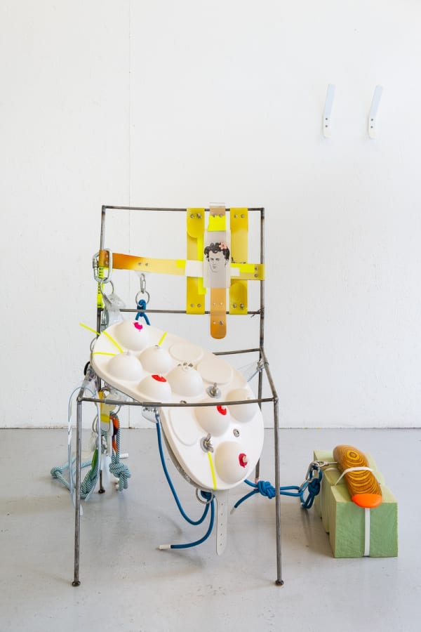 Alexei Alexander Izmaylov GROUP RELATIONS, 2020 Bright steel, laser cut and powder coated mild steel, UV inkjet print, PVC, laser cut and heat shaped Perspex, laser cut greyboard, spray paint, acrylic paint, acrylic medium, laser print on recycled paper, cast silicone, cable ties, cloth tape, climbing rope, liquid rope whip, heat shrink, MAC lipstick (LADY DANGER, TROPIC TONIC, RUSSIAN RED), felt pads, cotton thread, aluminium & stainless steel hardware.