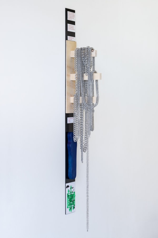 Jude Crilly bon pied bon œil, 2020 Oregon pine (pseudotsuga menziesii), malva flower wood stain, hand-woven aluminium chain, lasercut plexiglass, lasercut corian, UV vinyl prints, powder-coated aluminium