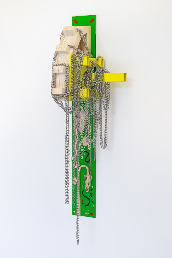 Jude Crilly tulpa host, 2020 Blue ash wood (fraxinus quadrangulata), woad flower wood stain, hickory wood, wax, hand-woven aluminium chain, ceramic, asteroid fragment, lasercut plexiglass, UV vinyl prints, powder-coated aluminium, powder-coated steel.