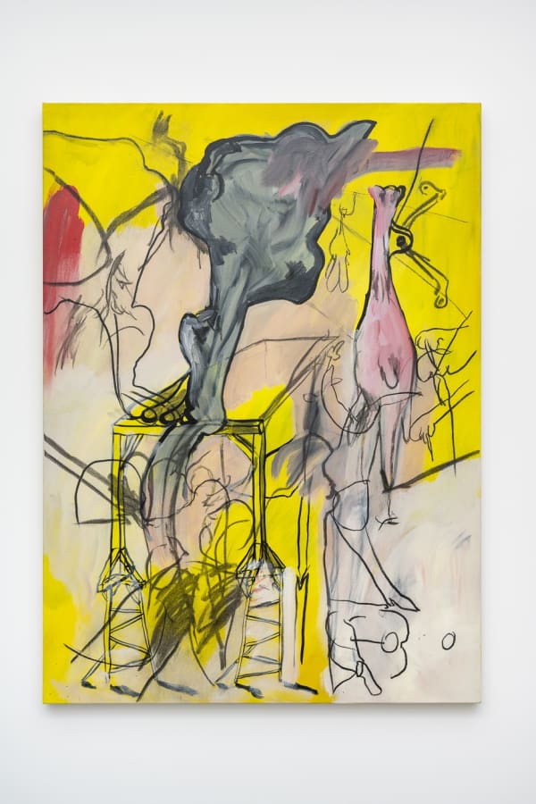 Dominic Myatt Fresh scaffold, new toy, 2022 Acrylic and charcoal on canvas 130 x 95cm