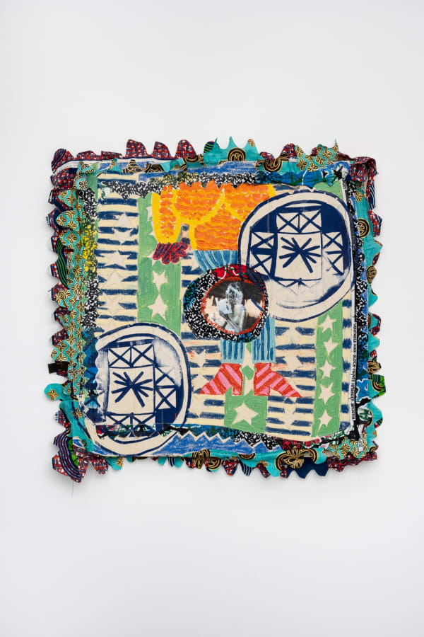 Abi Ola A Window to My Reflection 1, 2022 Oil, oil pastels, fabric, and screen print on canvas 61 x 61 cm