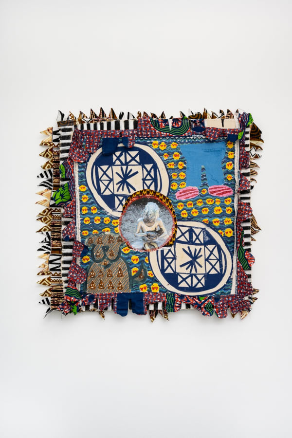 Abi Ola A Window to My Reflection 2, 2022 Oil, oil pastels, fabric, and screen print on canvas 61 x 61 cm