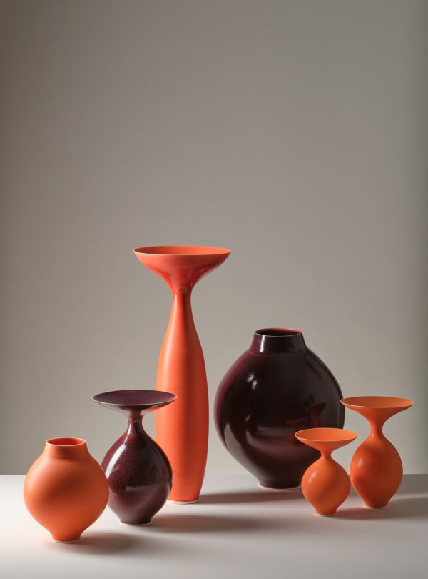 Anna Silverton Porcelain Vases In Shades Of Orange And Vulcan Burgundy Porcelain Vases