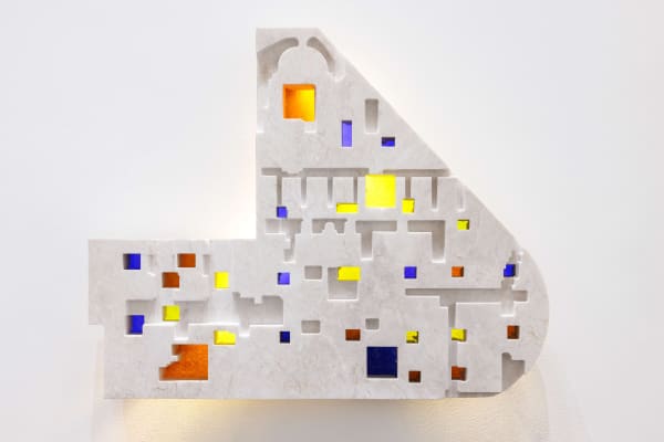 Dima Srouji, Late Monuments 4, 2024, Stone, coloured glass, 46.5 x 57.5 cm, Courtesy the artist and Lawrie Shabibi