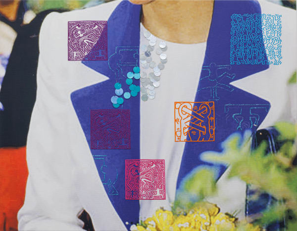 Farhad Ahrarnia And God Saved the Queen, no. 1, 2022-24 Digital print using water based pigment ink, on half Panama cotton canvas, hand embroidery using silk, cotton, metallic thread, and sequins 99 x 127 x 2 cm