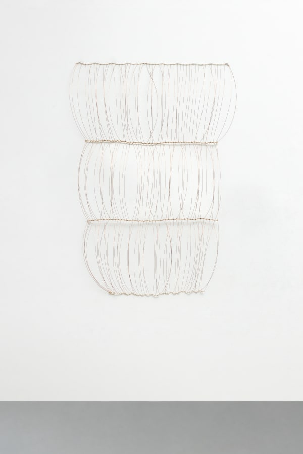 Bronwyn Katz, '!ãmã (flow)', 2025, Copper-coated mild steel, twine, copper wire, 140 x 101 x 13 cm