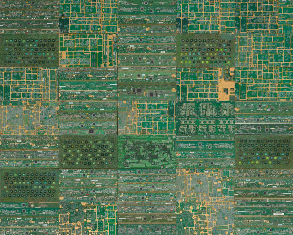 Elias Sime, Tightrope: Through the Window 8, 2025, Electrical wires and components on panel, 161.5 x 200 cm