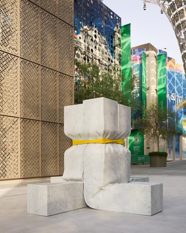 Installation view of Shaikha Al Mazrou, The Plinth, 2021, Carrara marble and steel, 196 x 267 x 269 cm © Shaikha Al Mazrou 2021. Commissioned by Expo 2020 Dubai. Expo 2020 Dubai Collection