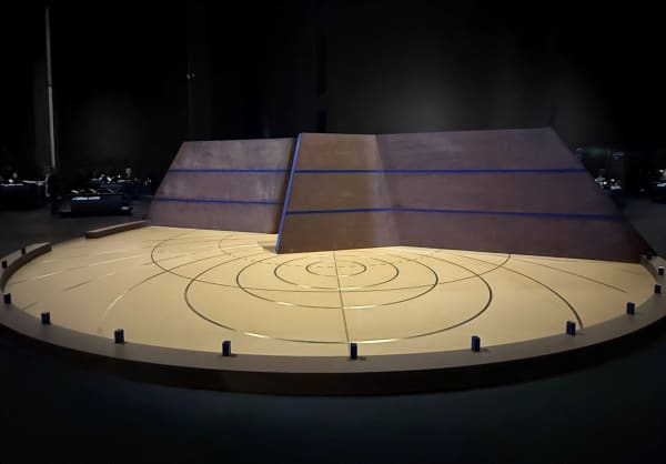 Mehdi Moutashar. Alidade, 2025. Wood, brass inlay, corten steel, powder coated metal. H. 2.25 m, diam. 11.5 m