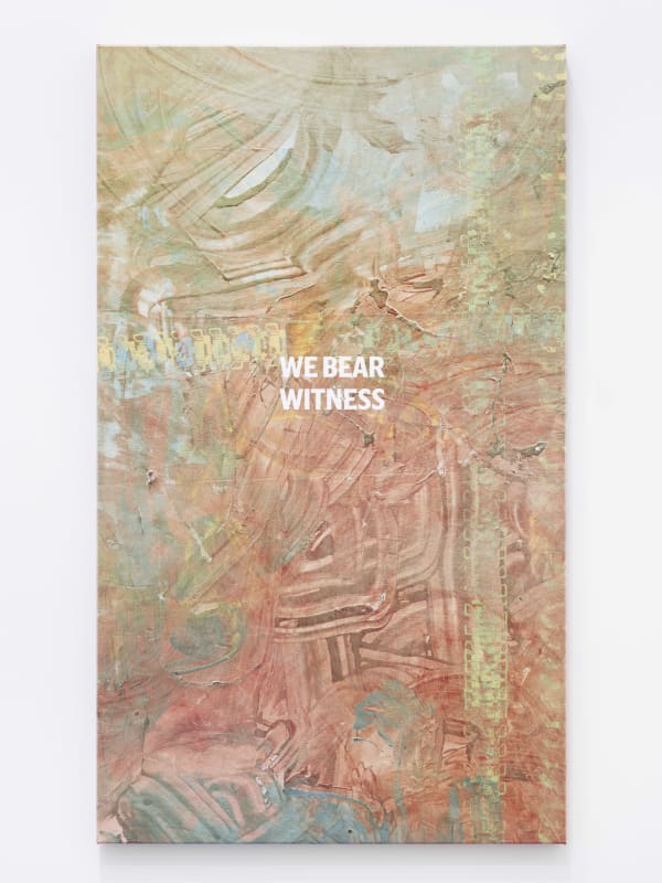 Reverse White Ground: We Bear Witness, 2024. Oil and acrylic on canvas with silkscreened elements. 65 x 38 1/4 in 165 x 97 cm. Photo: Damian Griffiths. Courtesy the artist.