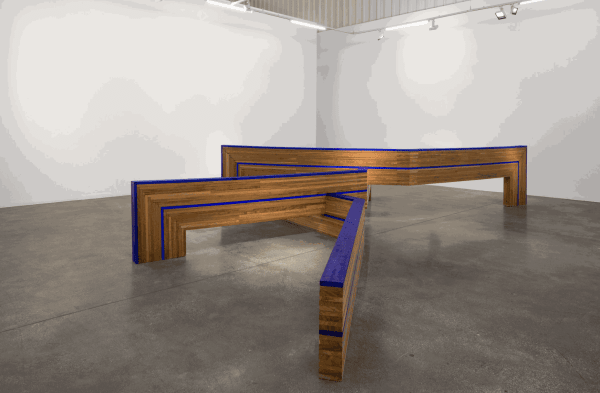 Mehdi Moutashar. 'Trois Angles à 135°', 2005. Wood and painted wood, elastic wire. 114 x 729 x 555 cm.