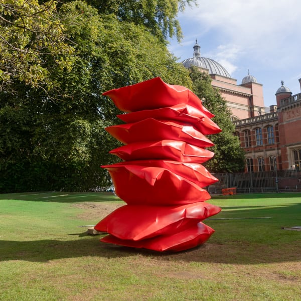 Shaikha Al Mazrou's sculpture Red Stack has arrived at its new home on the University of Birmingham campus beside 'Old Joe'. Photo credit Greg Milner Studio.