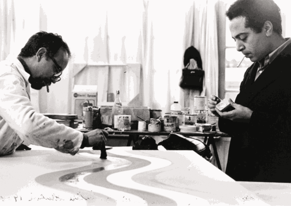 Mohamed Melehi (left) at his studio in Casablanca with Mohammed Chabâa. Photo: © M. Melehi archives/estate