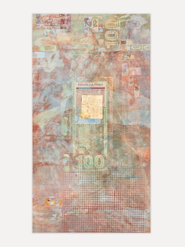 Mandy El-Sayegh Burning Square: freedom of goods, 2023 Oil and acrylic on canvas with collaged and silkscreened elements, joss paper...