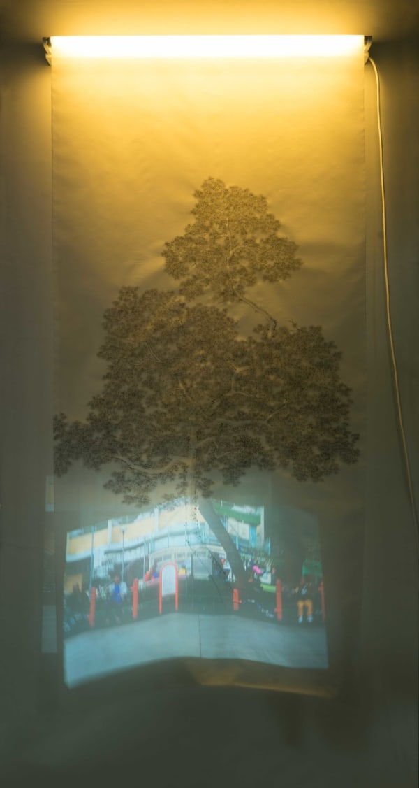 Chai Wan Park 2015 Ink on silk, fluorescent tube and colour video with sound 191 x 93 cm, 4 minutes...