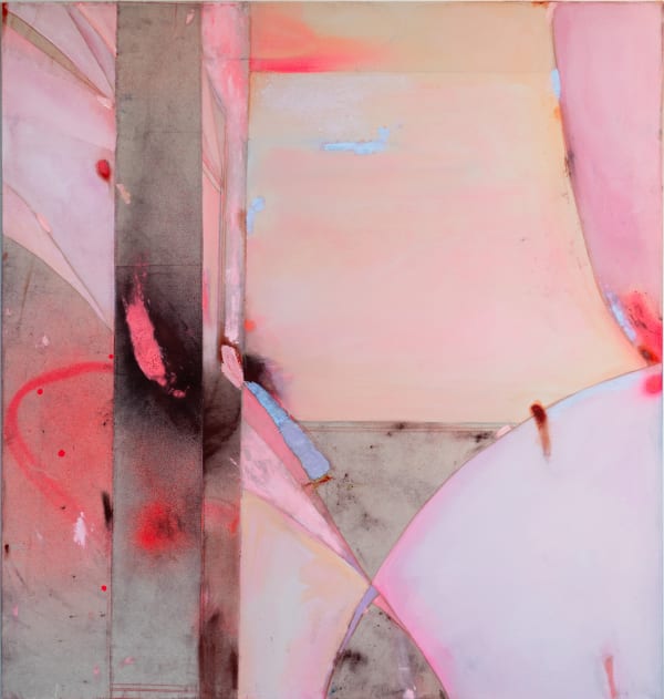 Dana James, The Summer of Strawberry Vanilla Heartache, 2023, Oil, acrylic, pigment, collage on canvas, 101.6 × 96.5 cm / 40 × 38 in