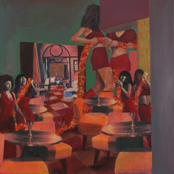 Cinthia Sifa Mulanga, Judgement walked in and they were all exposed, 2025, Acrylic paint with oil pastels and collage on canvas, 30 × 30 cm (11 3/4 × 11 3/4 in)