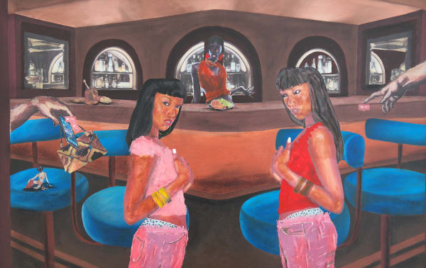 Cinthia Sifa Mulanga, Somehow refined, 2025, Acrylic paint with oil pastels and collage on canvas, 52 × 82 cm (20 1/2 × 32 1/4 in)