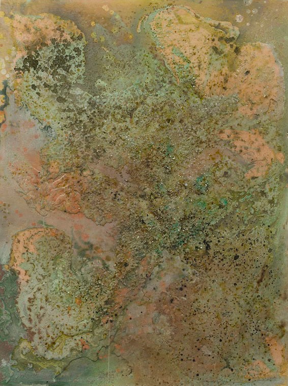 Tonia Calderon We can wait for the clouds to move. Or we can walk to the sun, 2025 Acrylic, floral pigment, ink, fuel, sand, glass and resin on panel 121.9 × 91.4 × 6.3 cm (48 × 36 × 2 1/2 in)