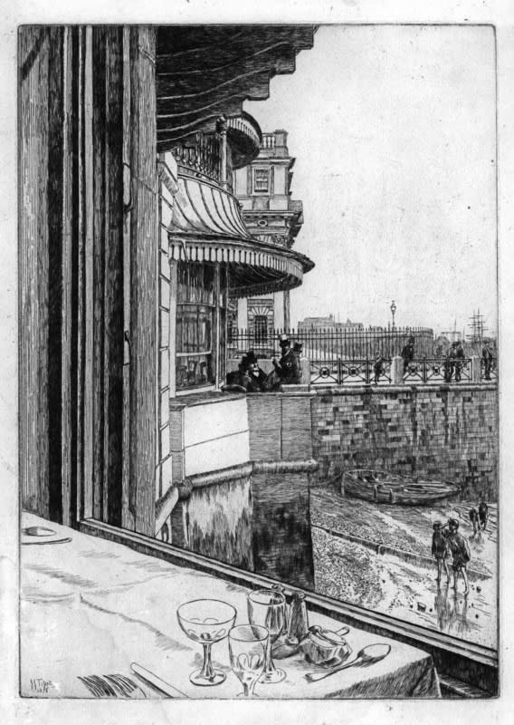 James Tissot, The Trafalgar Tavern, Greenwich, 1878 Drypoint