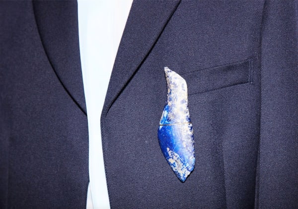 Emily Young's pendant Little Lapis Goddess II, 2016 featured in Victoria Beckham autumn winter 17 Ready–to-Wear collection in New York City.