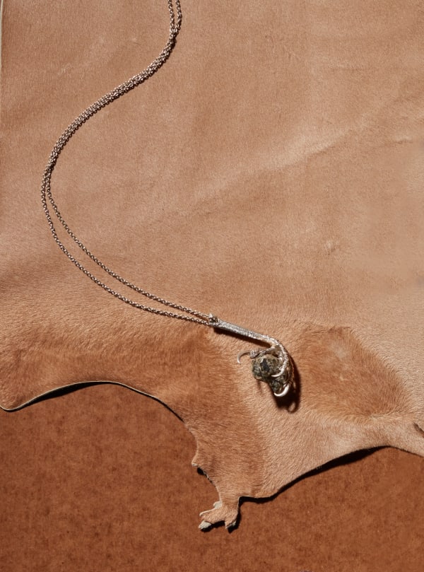 Tim Noble and Sue Webster, Mudlark (With Claw Setting) Pendant, 2013, silver with found stone and chain. 3.0 x 7.0 cm, chain length: 34.5 cm, 28.0 g (incl. chain). Edition of 10 in collaboration with Louisa Guinness.