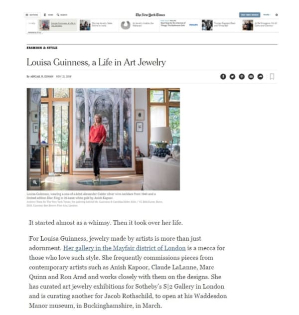 Louisa Guinness, wearing a one-of-a-kind Alexander Calder silver wire necklace from 1940 and a limited-edition Disc Ring in 18-karat white gold by Anish Kapoor. Credit Andrew Testa for The New York Times; the painting behind Ms. Guinness © Candida Höfer, Köln / VG Bild-Kunst, Bonn, 2016. Courtesy Ben Brown Fine Arts, London.