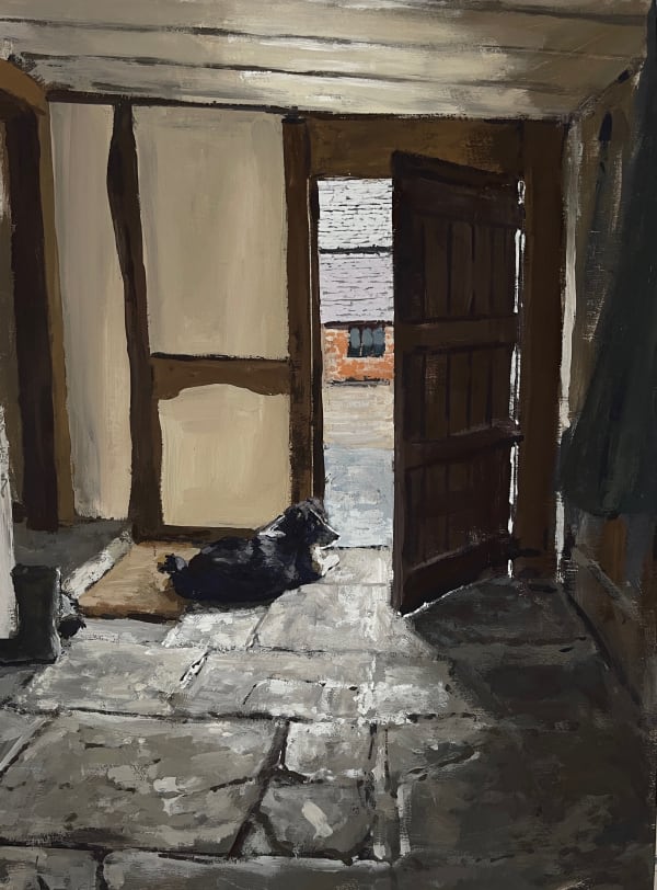 Welsh cottage with dog painting