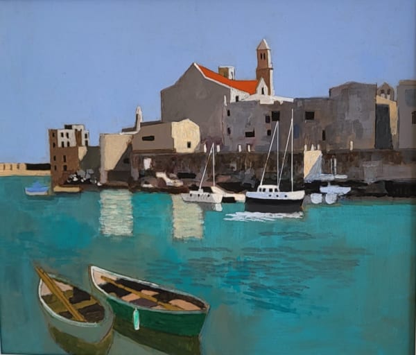 Two boats in harbour painting