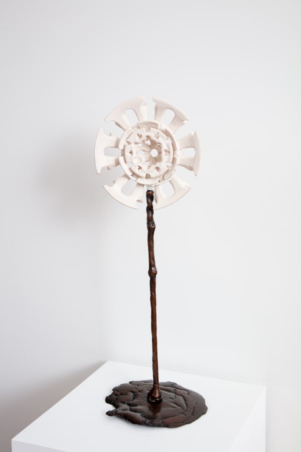 Yassi Mazandi Flower 5, 2023 English porcelain (unique flower), powder coated steel (support), and lost wax bronze (unique stand) 8½ x 8½ x 2 in. 21.59 x 21.59 x 5.08 cm