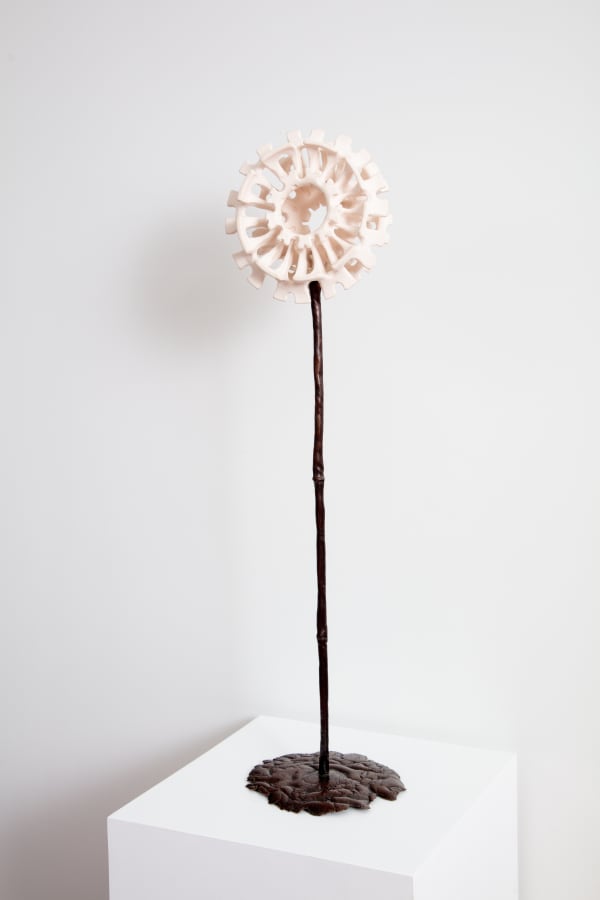 Yassi Mazandi Flower 4, 2023 English porcelain (unique flower), powder coated steel (support), and lost wax bronze (unique stand) 8 x 8 x 3½ in. 20.32 x 20.32 x 8.89 cm