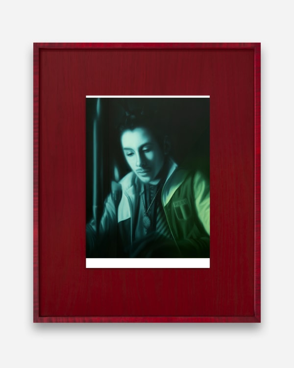 Andrew Sendor Apollo in Salome’s treehouse with Nanna & Tyr, 2024 Oil on matte white Plexiglas, Sapele wood, in Tiger Maple Artist's Frame 22 5/8 x 18 1/2 inches (framed) 57.5 x 47 cm (framed) AS.24.08