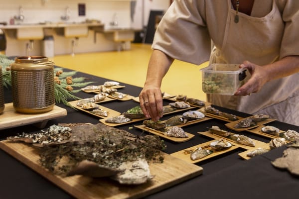 Pickled Mamaku Fern with Cucumber and Green Chili on Mussels.