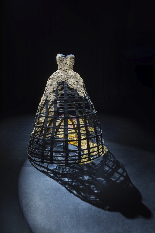 A sculpture made out of lace by Mamakan – in the shape of a stiff Victorian dress called crinoline – representing the story of Agnes Joaquim (1854-1899), the creator of Singapore’s national flower Vanda Miss Joaquim