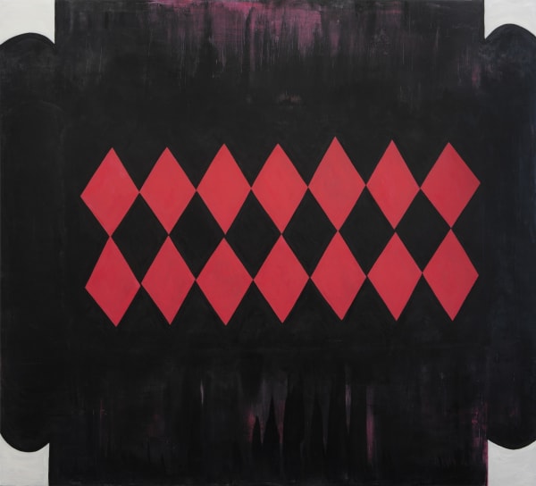 Fran Shalom's "We're All in this Together" oil painting on canvas in shades of black, red, gray and purple. The painting depicts a dark area with red diamond shapes put together. The diamond can resemble those that are all together.