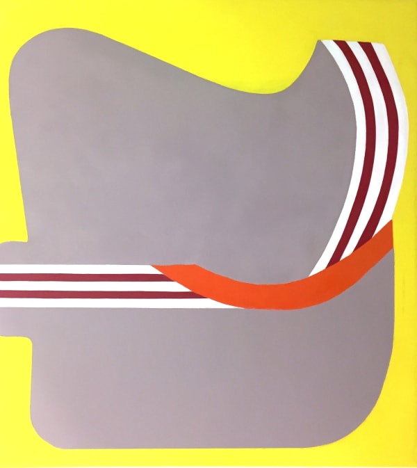 Fran Shalom's "How Much is Enough" oil painting on canvas in shades of yellow, gray, red and orange. The painting depicts a large shape almost resembling a classroom desk but with smaller line strokes curving at the center.