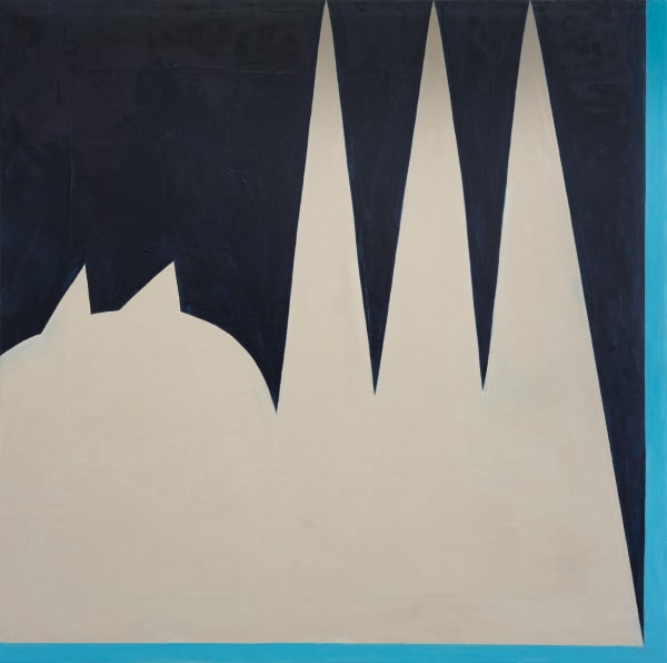 Fran Shalom's "Bare Attention" done with oil on wood in shades of beige, black and aqua blue. The painting appears flat, but there is a clear contrast with warm and cool colors in regards to the shapes that resemble silhouettes.