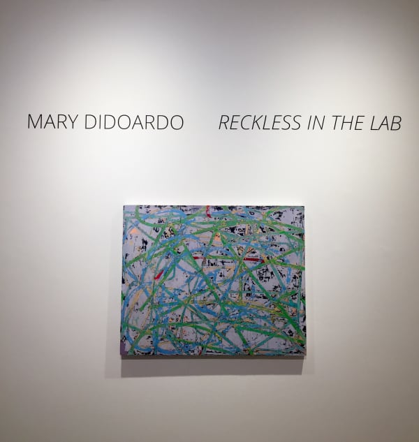 Gallery photograph of an installation featuring an abstract painting in shades of green, red, blue and yellow. The painting is placed under wall lettering reading, "MARY DIDIOARDO - RECKLESS IN THE LAB".